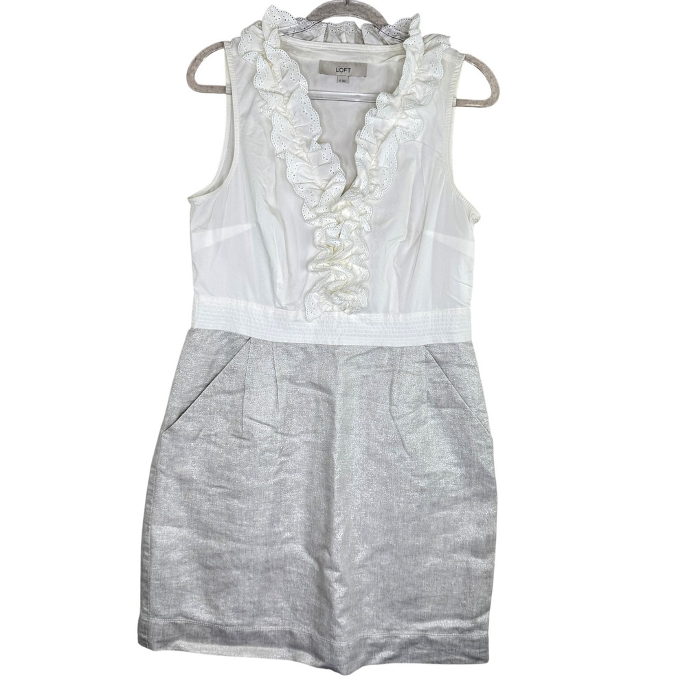 LOFT White and Silver Ruffled V-Neck Sleeveless Dress